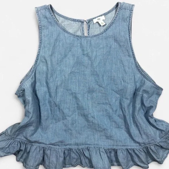 NWT DIP 100% Cotton Light Washed Blue Denim Ruffle Top Womens XL Summer - Picture 3 of 6
